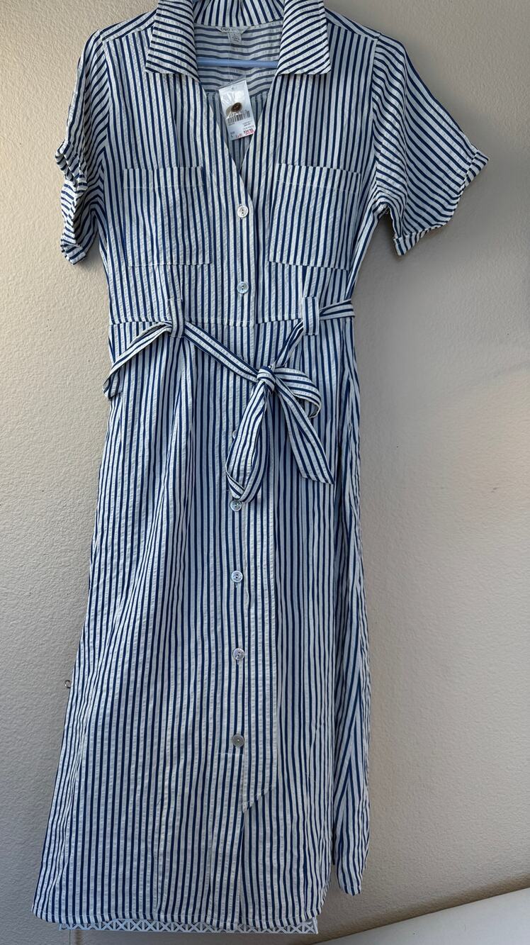 Cato Navy White Striped Midi Shirt Dress Size Large Belted Button Front